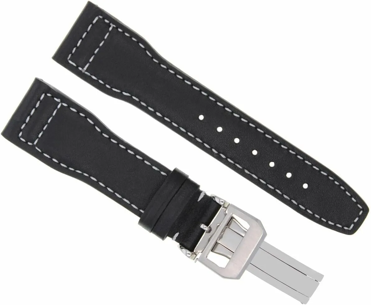 Ewatchparts 21mm Leather Watch Band Strap Compatible With IWC Pilot Portuguese Watch Clasp Black With White Stitching