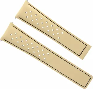 Ewatchparts Leather Watch Band Strap 19mm Compatible With Tag Heuer Carrera Twin Time Beige With Black Stitching Perforated