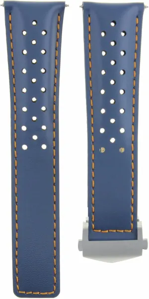 Ewatchparts Leather Watch Strap 20mm Compatible With Tag Heuer Carrera CV2010 Calibre Blue With Orange Stitching Perforated