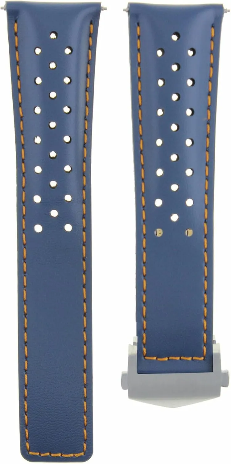 Ewatchparts Leather Watch Strap 20mm Compatible With Tag Heuer Carrera CV2010 Calibre Blue With Orange Stitching Perforated