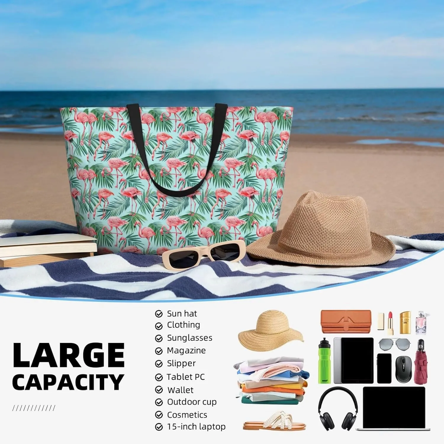 Exotic Birds Parrot Flamingo Large Capacity Travel Bag Lightweight Shopping Handbag Beach Tote Bags Casual Work Bag