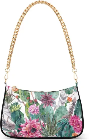Exotic Cactus Succulent Flowers Shoulder Bag for Women Small Handbag with Zipper Closure Purse for Women