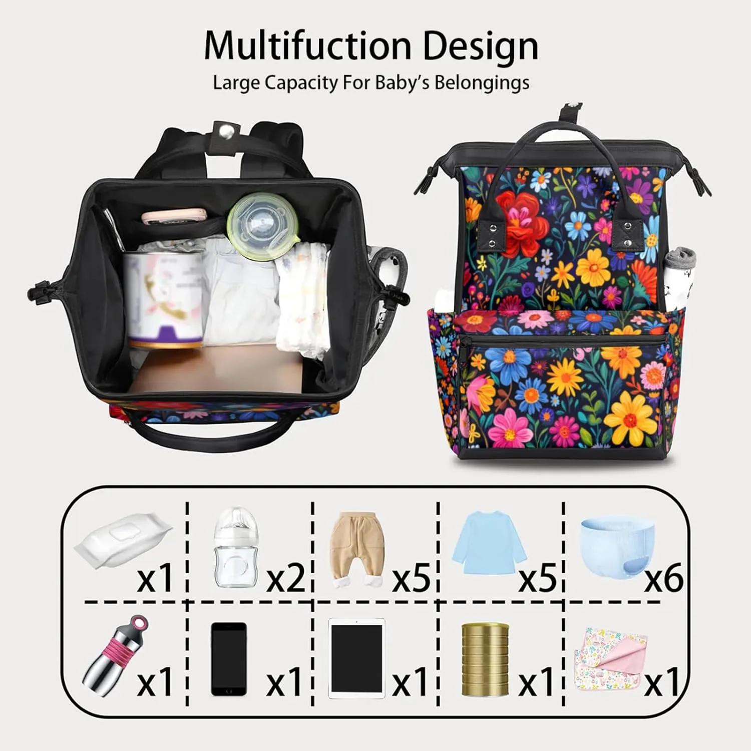 Exotic Floral Adventure Double Shoulder Mommy Bag for Women, Polyester Large Capacity Diaper Backpack with Multi Pockets, Waterproof Adjustable Straps Diaper Bag for Moms Dads, 11''×7''×15.7''