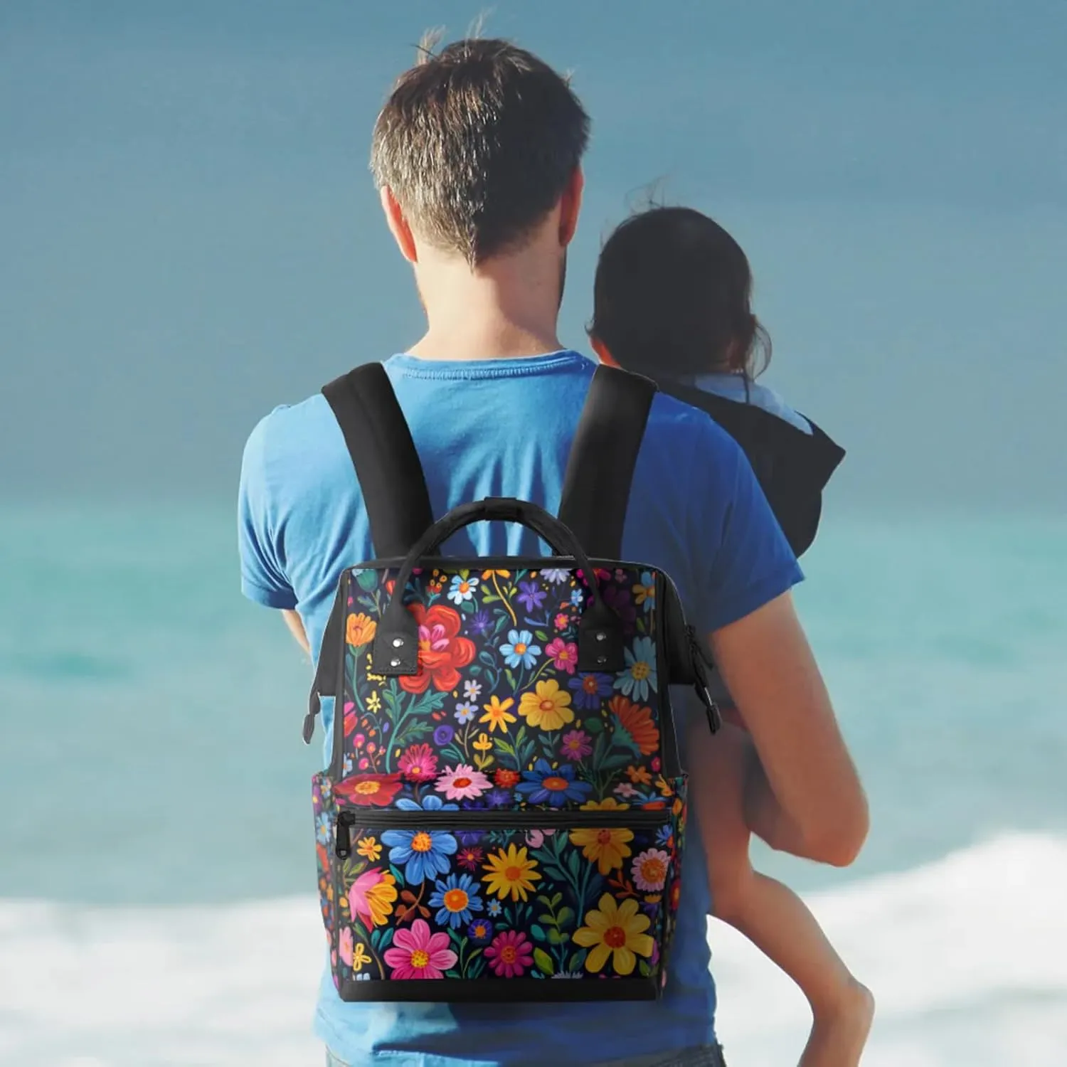 Exotic Floral Adventure Double Shoulder Mommy Bag for Women, Polyester Large Capacity Diaper Backpack with Multi Pockets, Waterproof Adjustable Straps Diaper Bag for Moms Dads, 11''×7''×15.7''