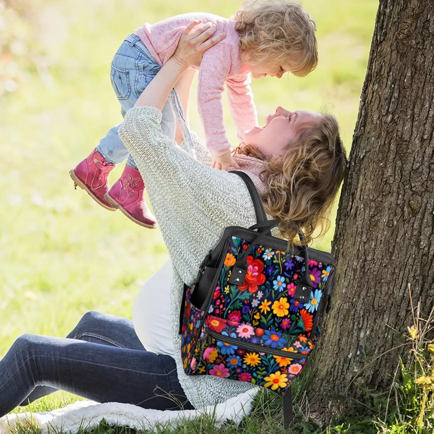 Exotic Floral Adventure Double Shoulder Mommy Bag for Women, Polyester Large Capacity Diaper Backpack with Multi Pockets, Waterproof Adjustable Straps Diaper Bag for Moms Dads, 11''×7''×15.7''