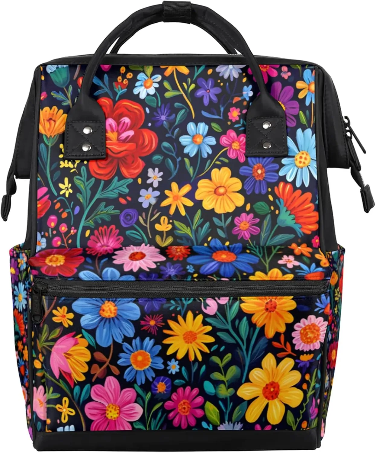 Exotic Floral Adventure Double Shoulder Mommy Bag for Women, Polyester Large Capacity Diaper Backpack with Multi Pockets, Waterproof Adjustable Straps Diaper Bag for Moms Dads, 11''×7''×15.7''