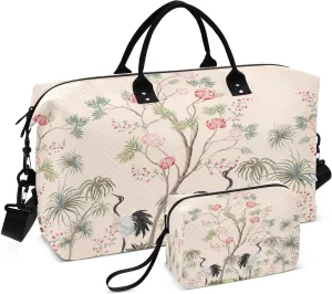 Exotic Floral Crane Bird Travel Duffel Bag, Shoulder Weekender Overnight Bags - Large Gym Bag with Wet Pocket