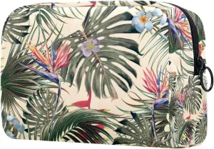 Exotic Flowers Palm Leaves Cosmetic Makeup Bags, Small Travel Zipper Pouch Portable Toiletry Bag Makeup Organizer for Women Teen Girls