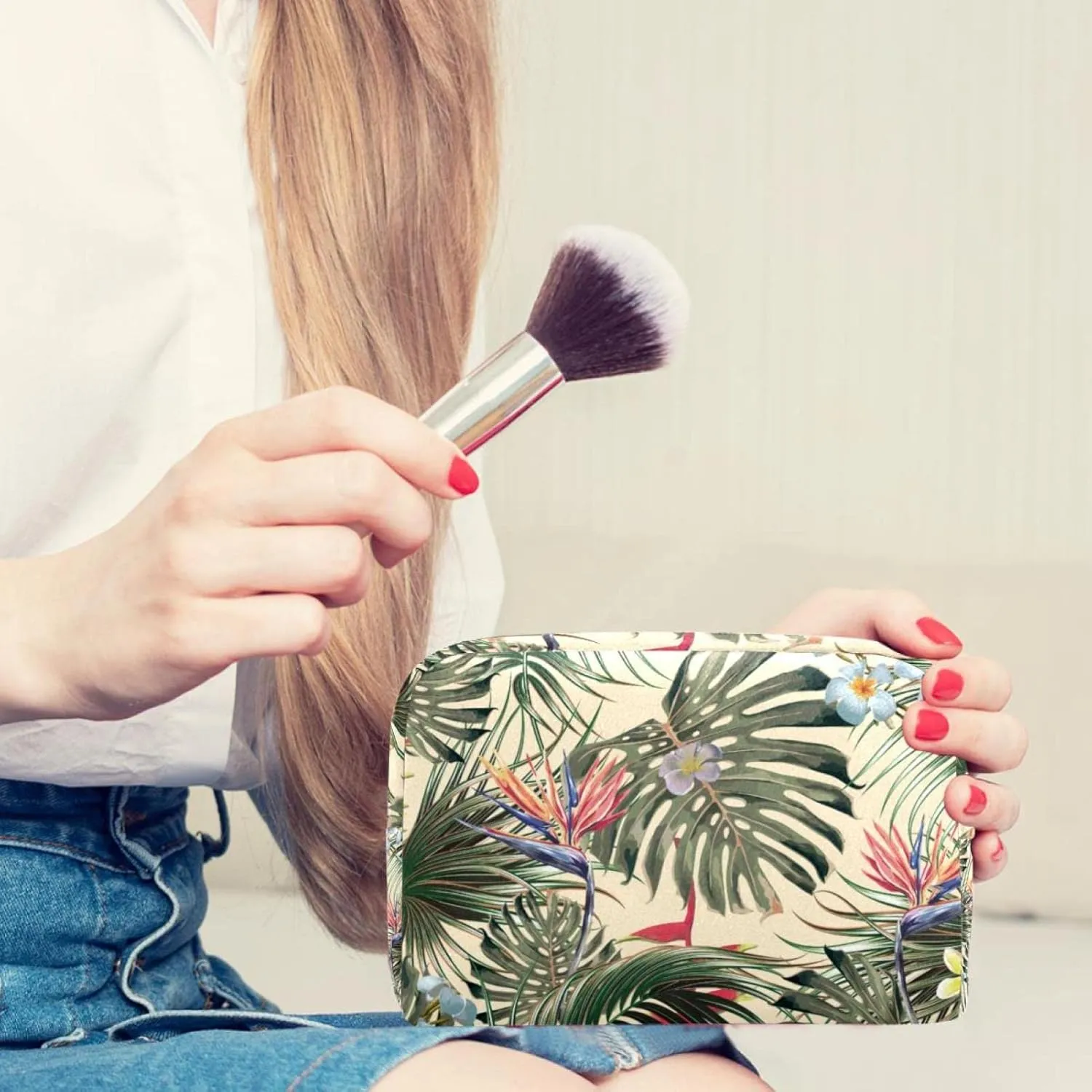 Exotic Flowers Palm Leaves Cosmetic Makeup Bags, Small Travel Zipper Pouch Portable Toiletry Bag Makeup Organizer for Women Teen Girls