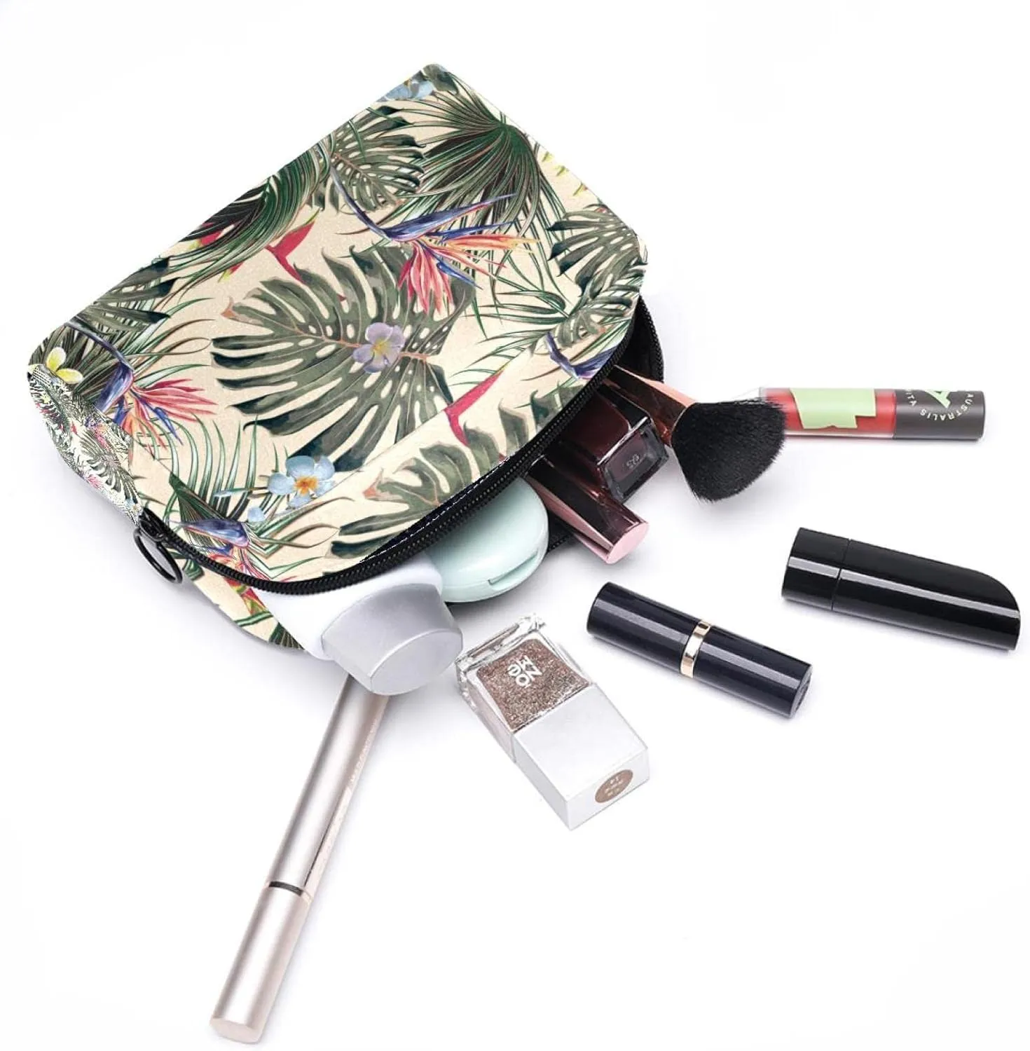 Exotic Flowers Palm Leaves Cosmetic Makeup Bags, Small Travel Zipper Pouch Portable Toiletry Bag Makeup Organizer for Women Teen Girls