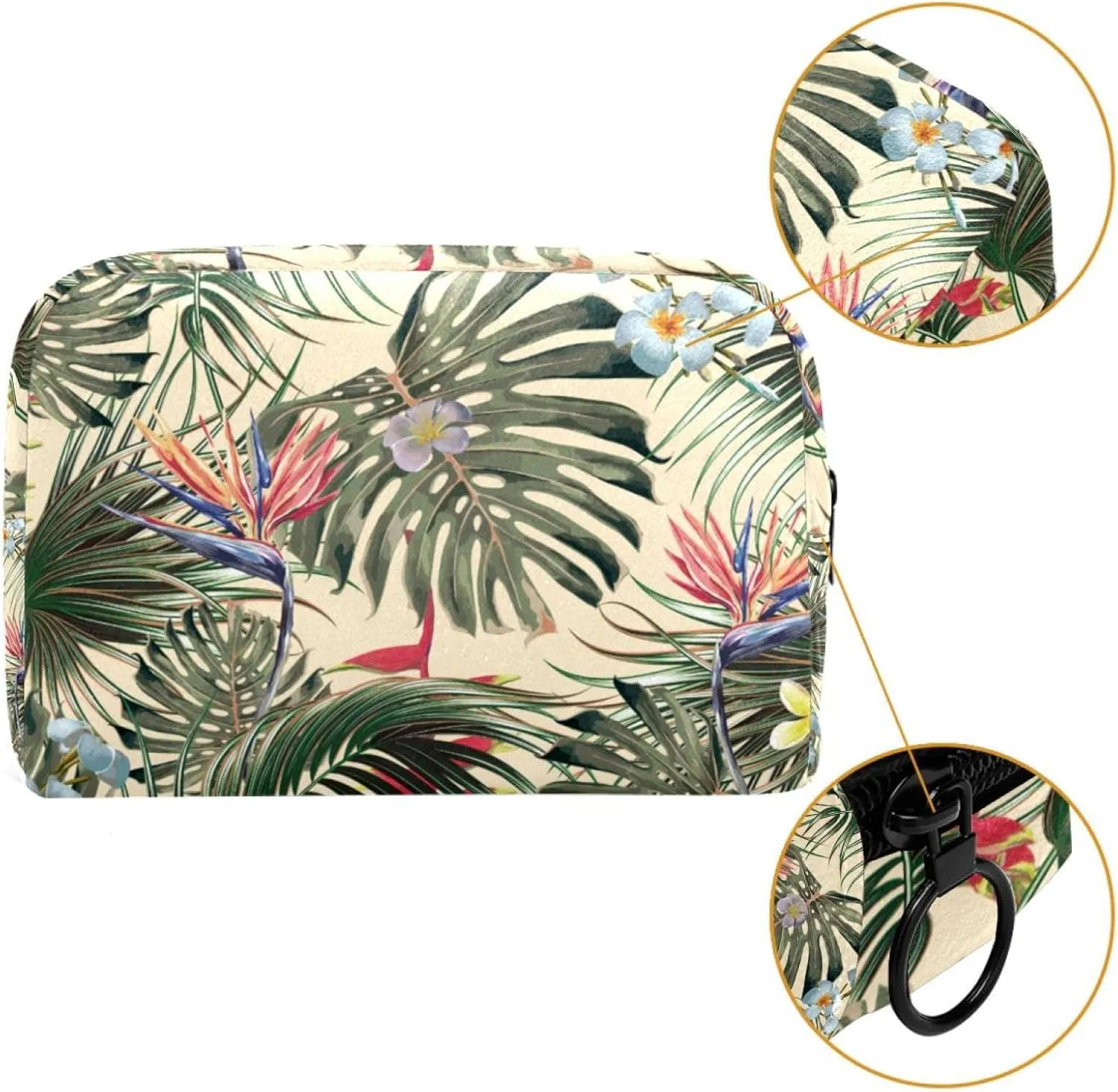 Exotic Flowers Palm Leaves Cosmetic Makeup Bags, Small Travel Zipper Pouch Portable Toiletry Bag Makeup Organizer for Women Teen Girls