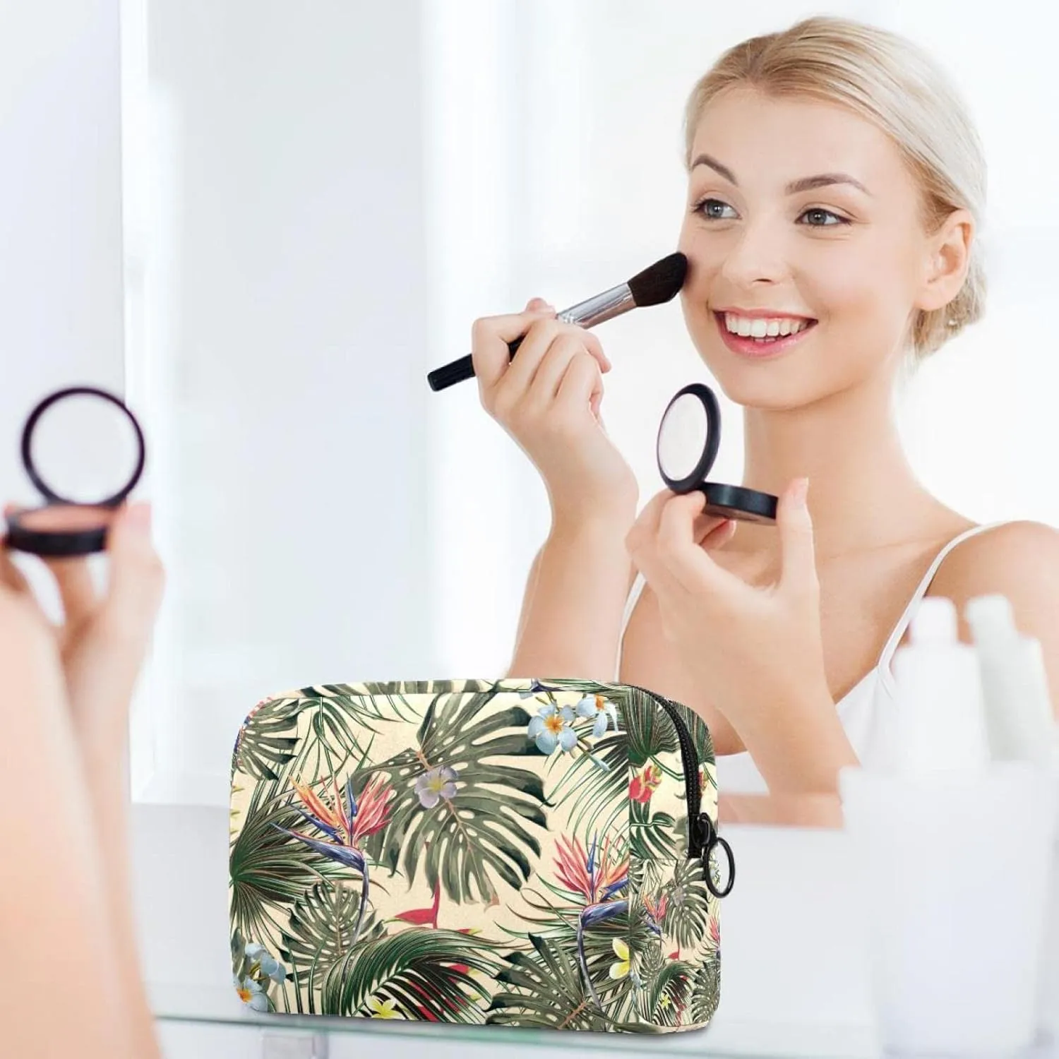 Exotic Flowers Palm Leaves Cosmetic Makeup Bags, Small Travel Zipper Pouch Portable Toiletry Bag Makeup Organizer for Women Teen Girls