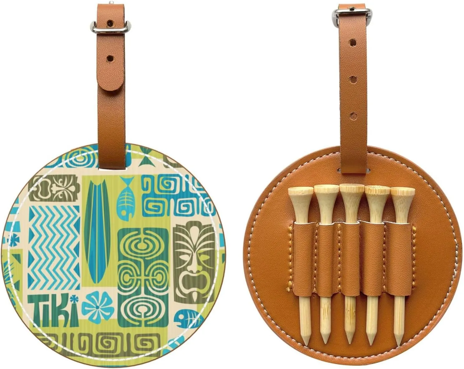 Exotic Tiki Pattern 1 Leather Golf Tee Pouch Bag with Belt Clip Golf Accessory Can Hold 5 Tees for Golfers Men and Women
