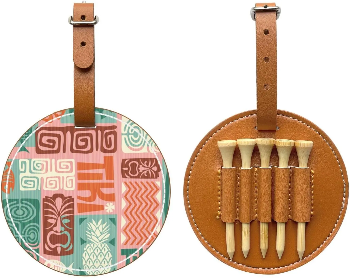 Exotic Tiki Pattern Leather Golf Tee Pouch Bag with Belt Clip Golf Accessory Can Hold 5 Tees for Golfers Men and Women