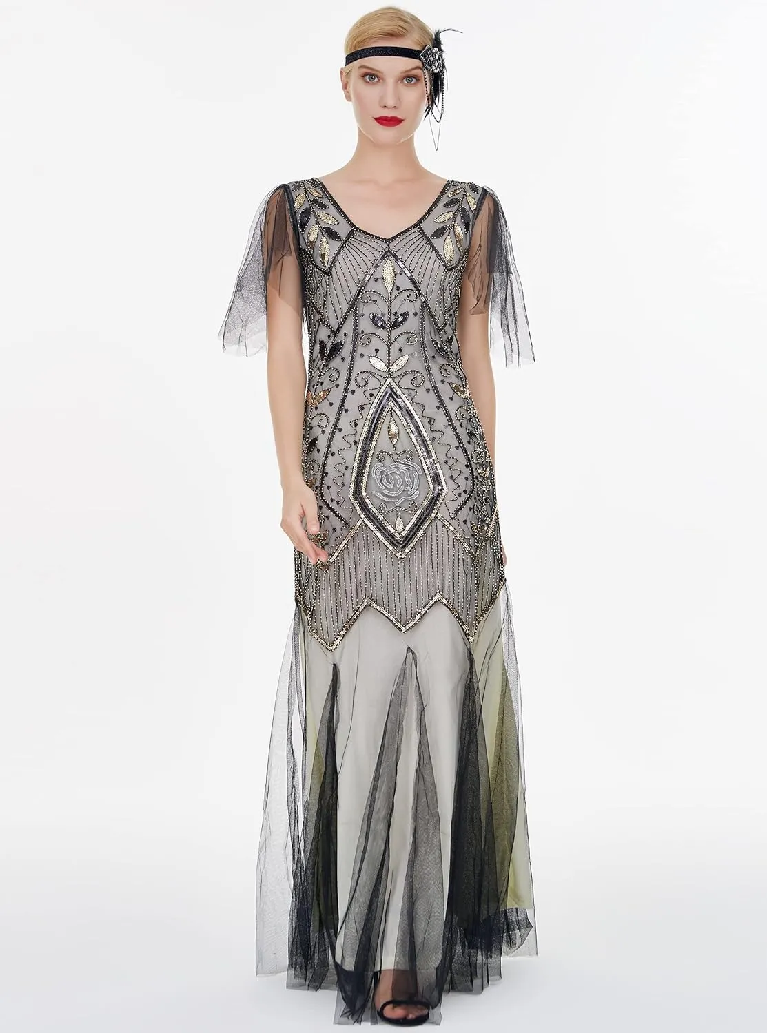 FAIRY COUPLE 1920s Floor-Length V-Back Sequined Embellished Prom Evening Dress D20S004