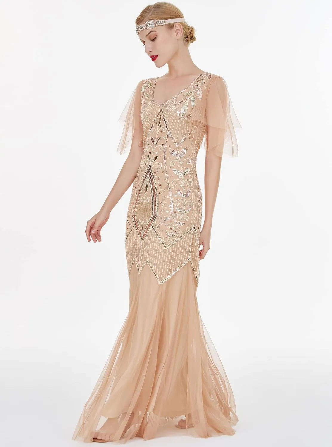 FAIRY COUPLE 1920s Floor-Length V-Back Sequined Embellished Prom Evening Dress D20S004