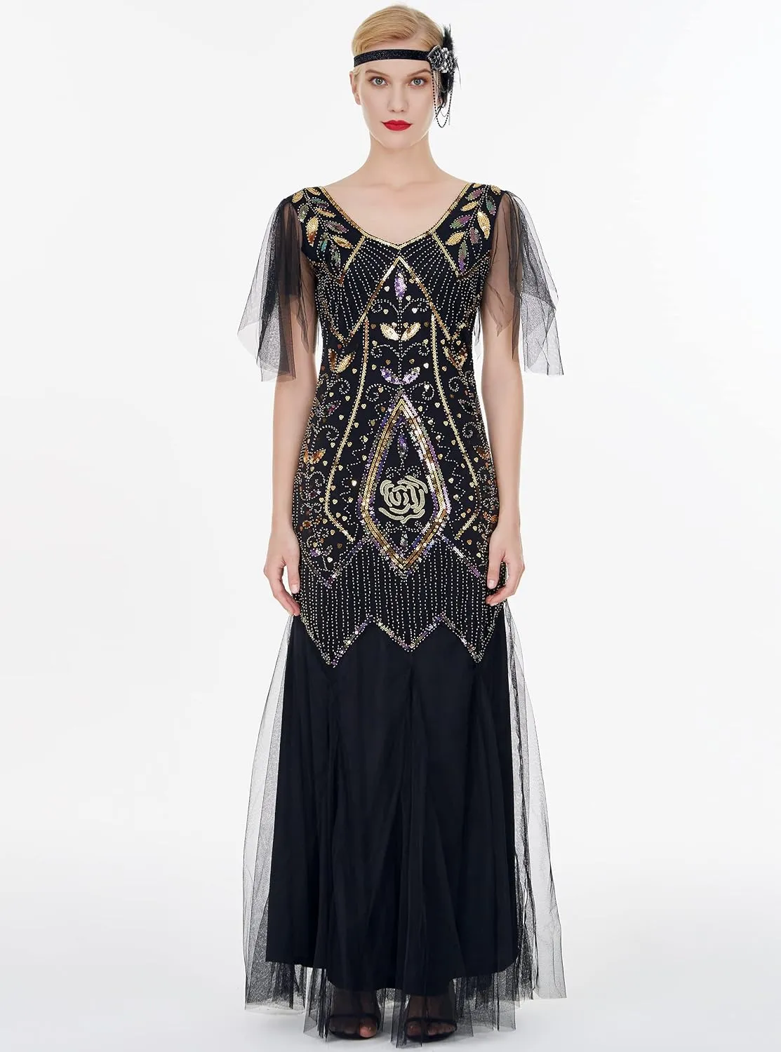 FAIRY COUPLE 1920s Floor-Length V-Back Sequined Embellished Prom Evening Dress D20S004
