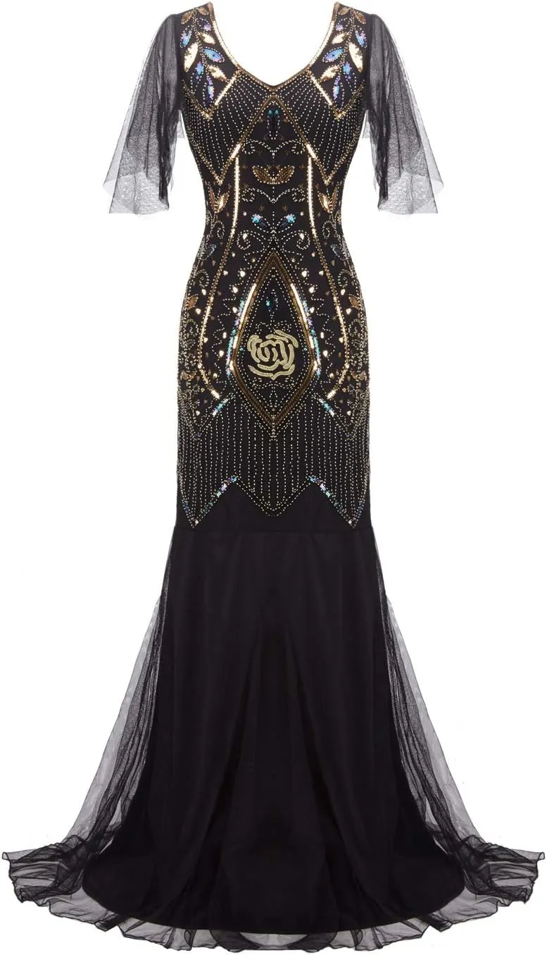 FAIRY COUPLE 1920s Floor-Length V-Back Sequined Embellished Prom Evening Dress D20S004