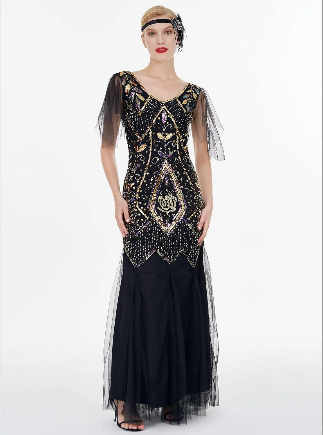 FAIRY COUPLE 1920s Floor-Length V-Back Sequined Embellished Prom Evening Dress D20S004