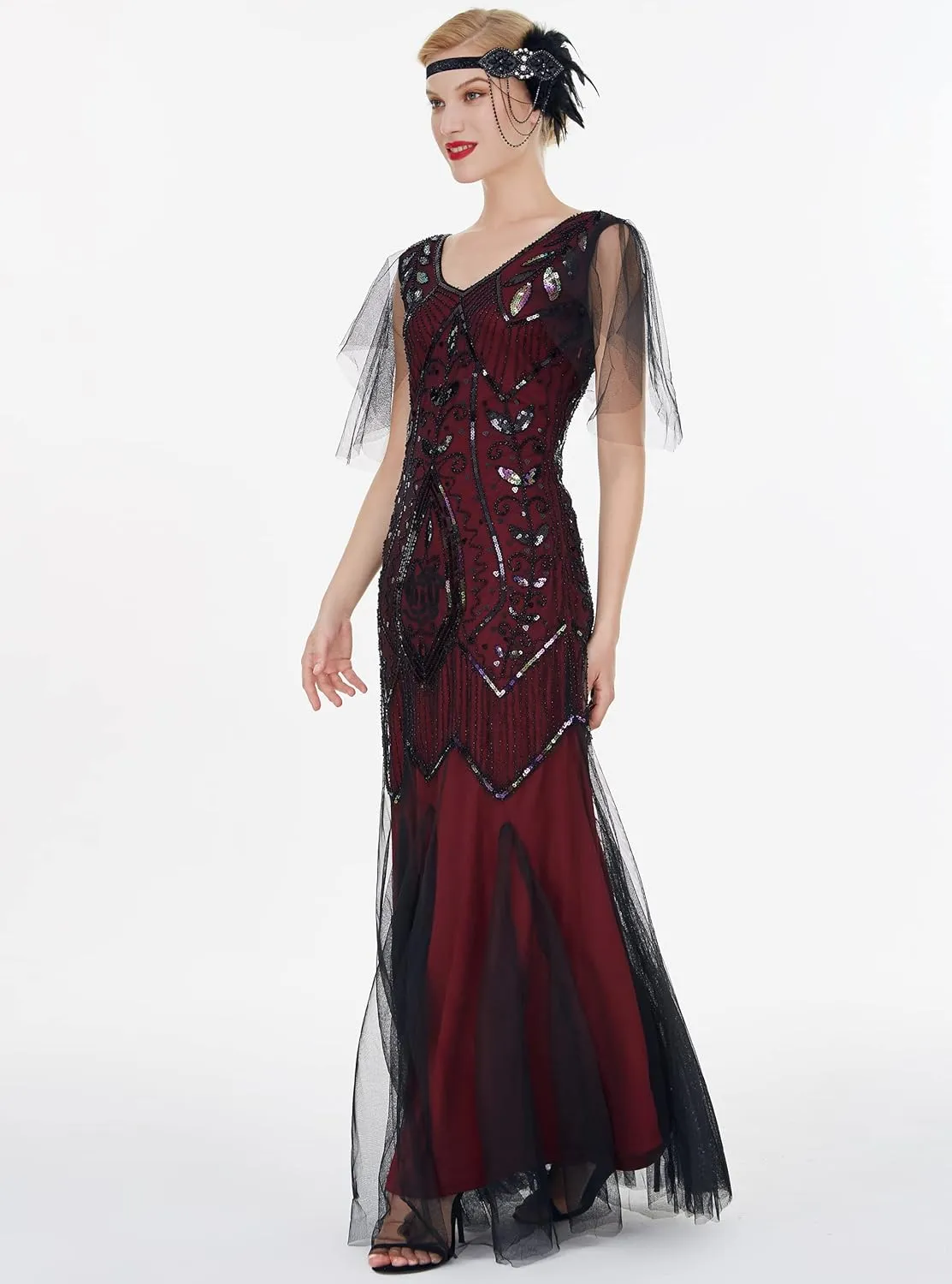 FAIRY COUPLE 1920s Floor-Length V-Back Sequined Embellished Prom Evening Dress D20S004