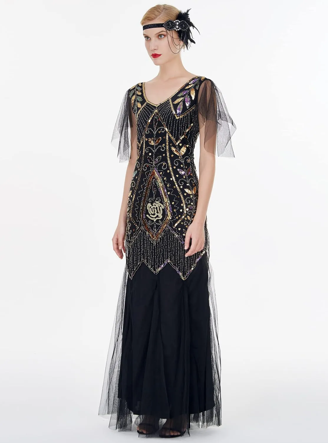 FAIRY COUPLE 1920s Floor-Length V-Back Sequined Embellished Prom Evening Dress D20S004