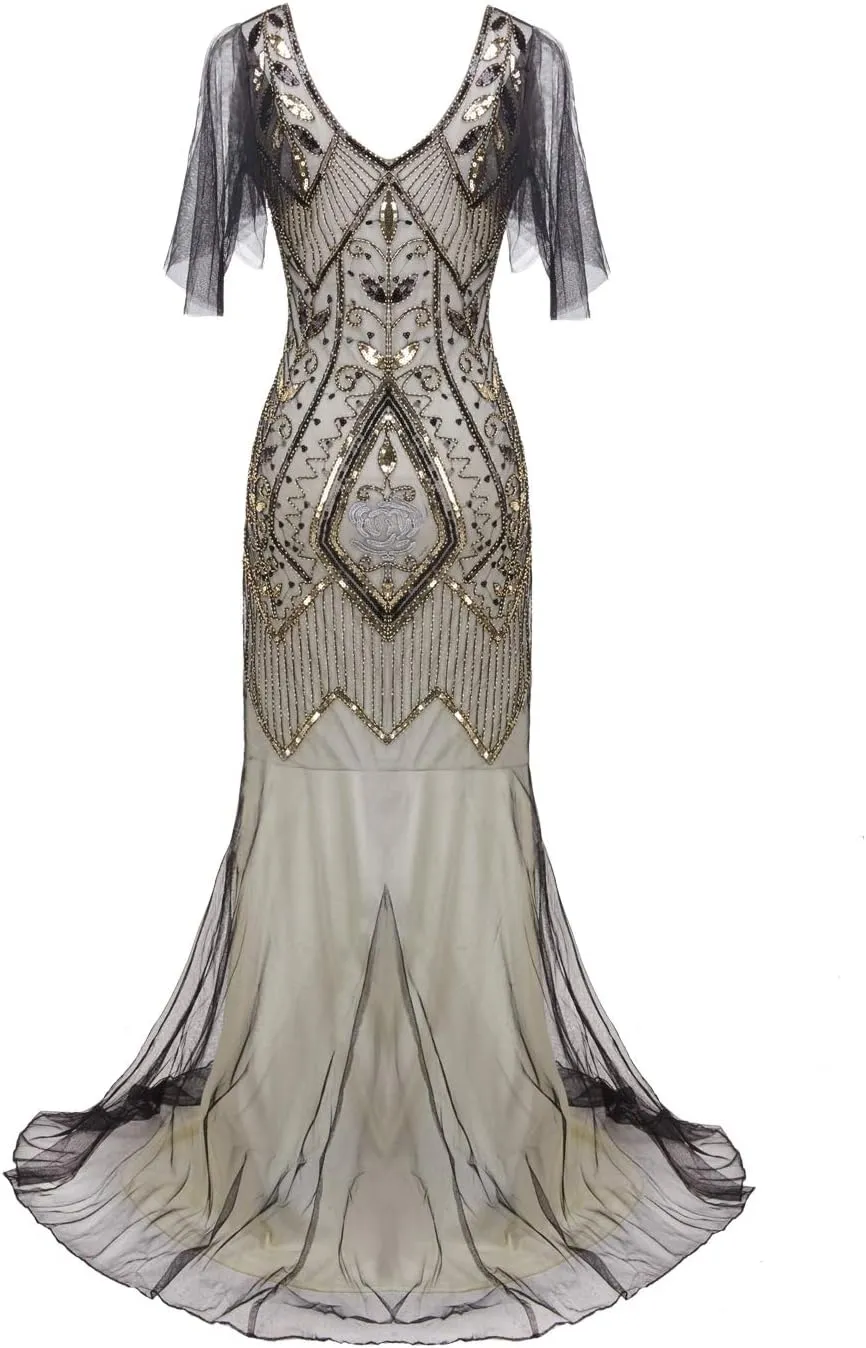 FAIRY COUPLE 1920s Floor-Length V-Back Sequined Embellished Prom Evening Dress D20S004