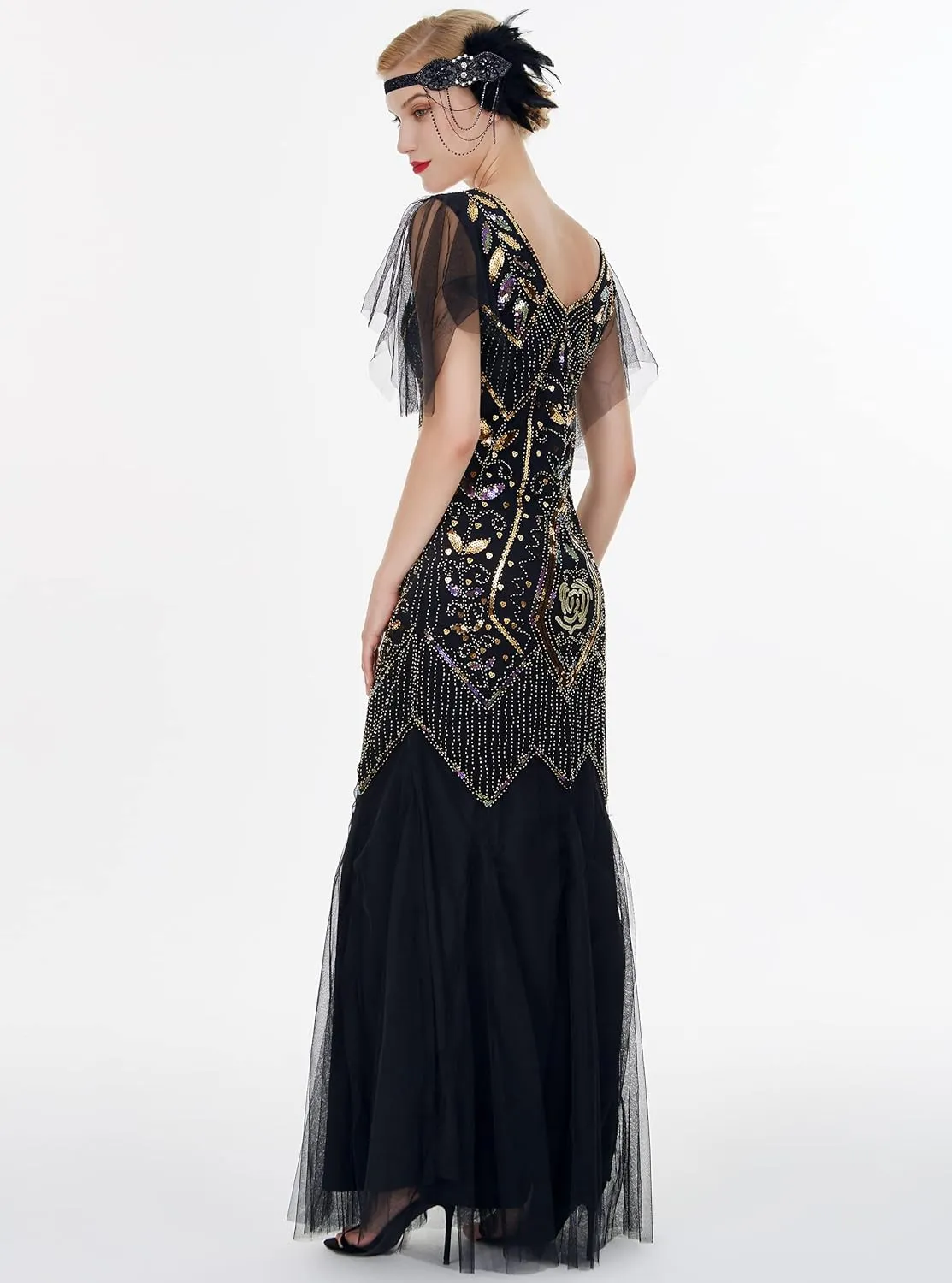FAIRY COUPLE 1920s Floor-Length V-Back Sequined Embellished Prom Evening Dress D20S004