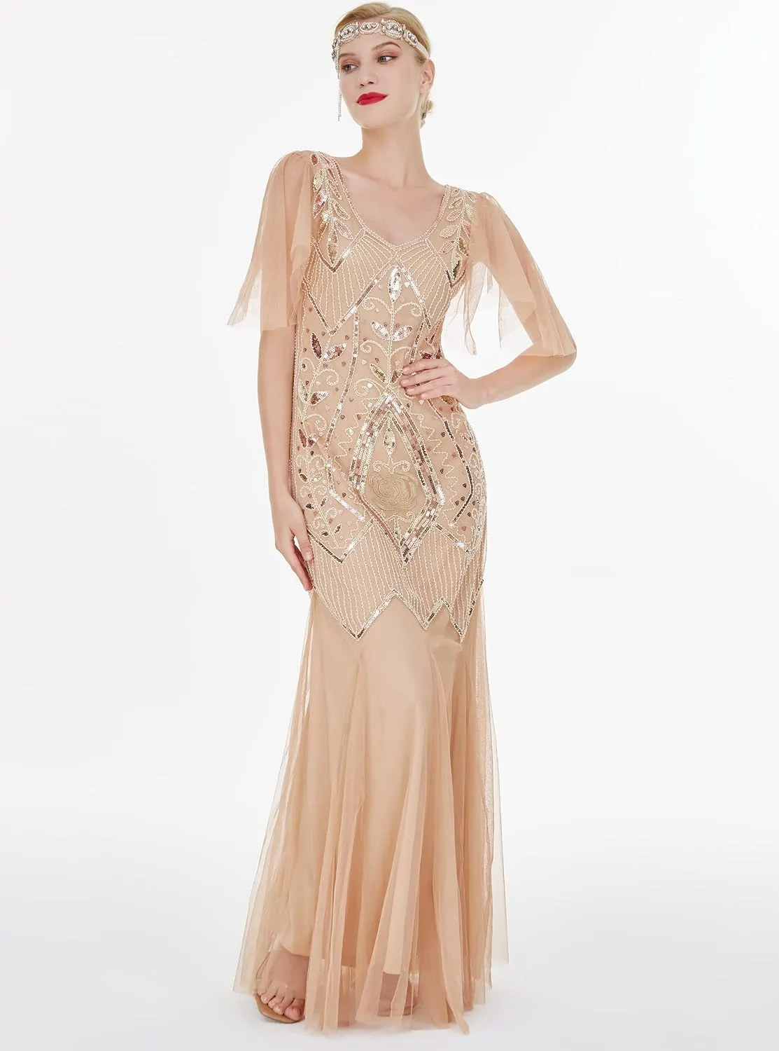 FAIRY COUPLE 1920s Floor-Length V-Back Sequined Embellished Prom Evening Dress D20S004