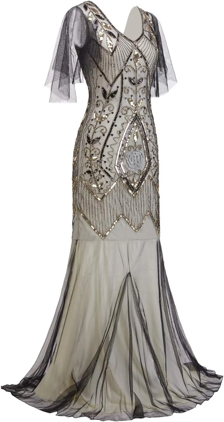 FAIRY COUPLE 1920s Floor-Length V-Back Sequined Embellished Prom Evening Dress D20S004
