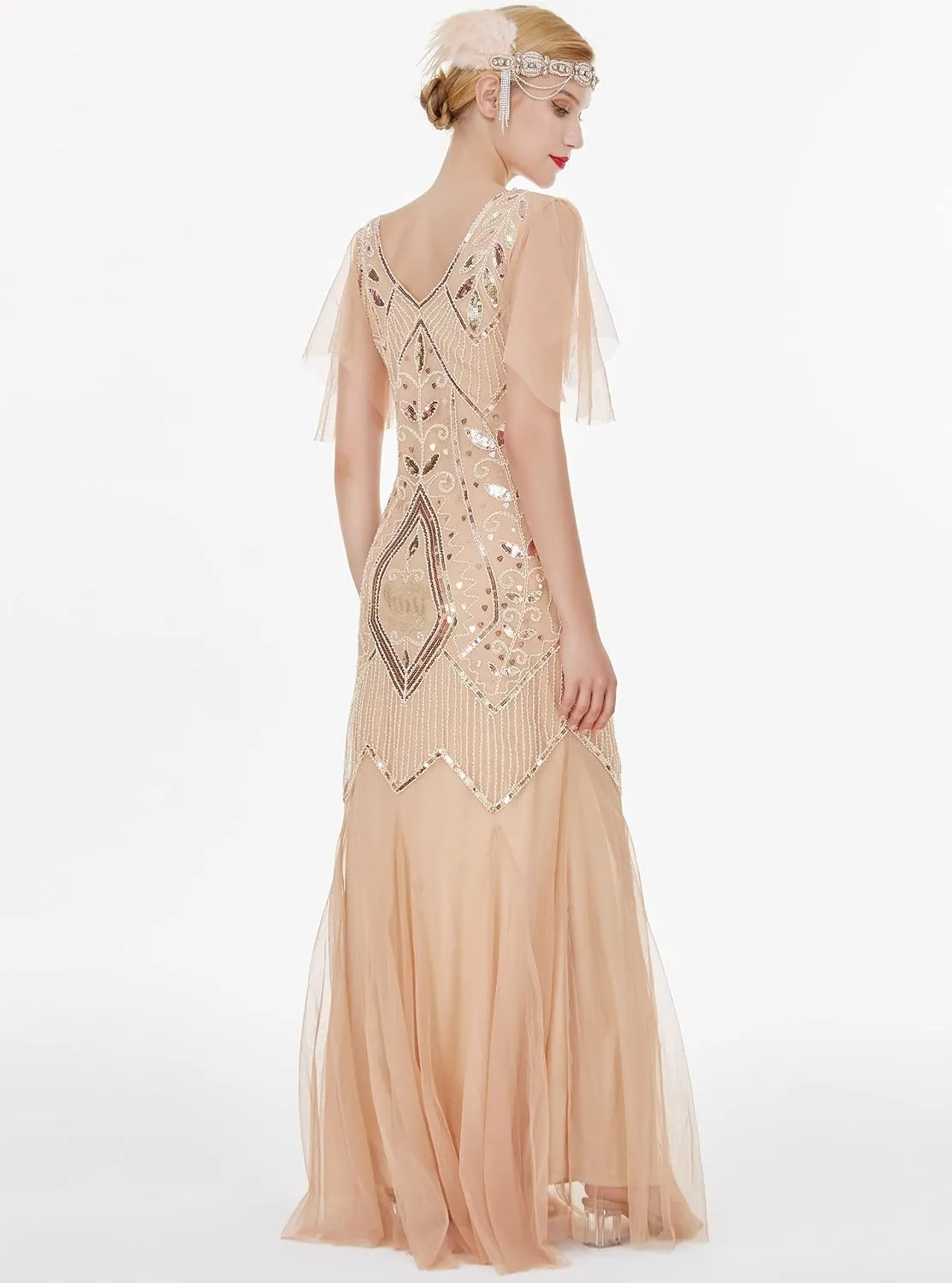 FAIRY COUPLE 1920s Floor-Length V-Back Sequined Embellished Prom Evening Dress D20S004