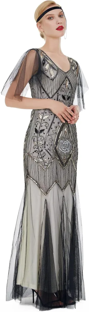 FAIRY COUPLE 1920s Floor-Length V-Back Sequined Embellished Prom Evening Dress D20S004