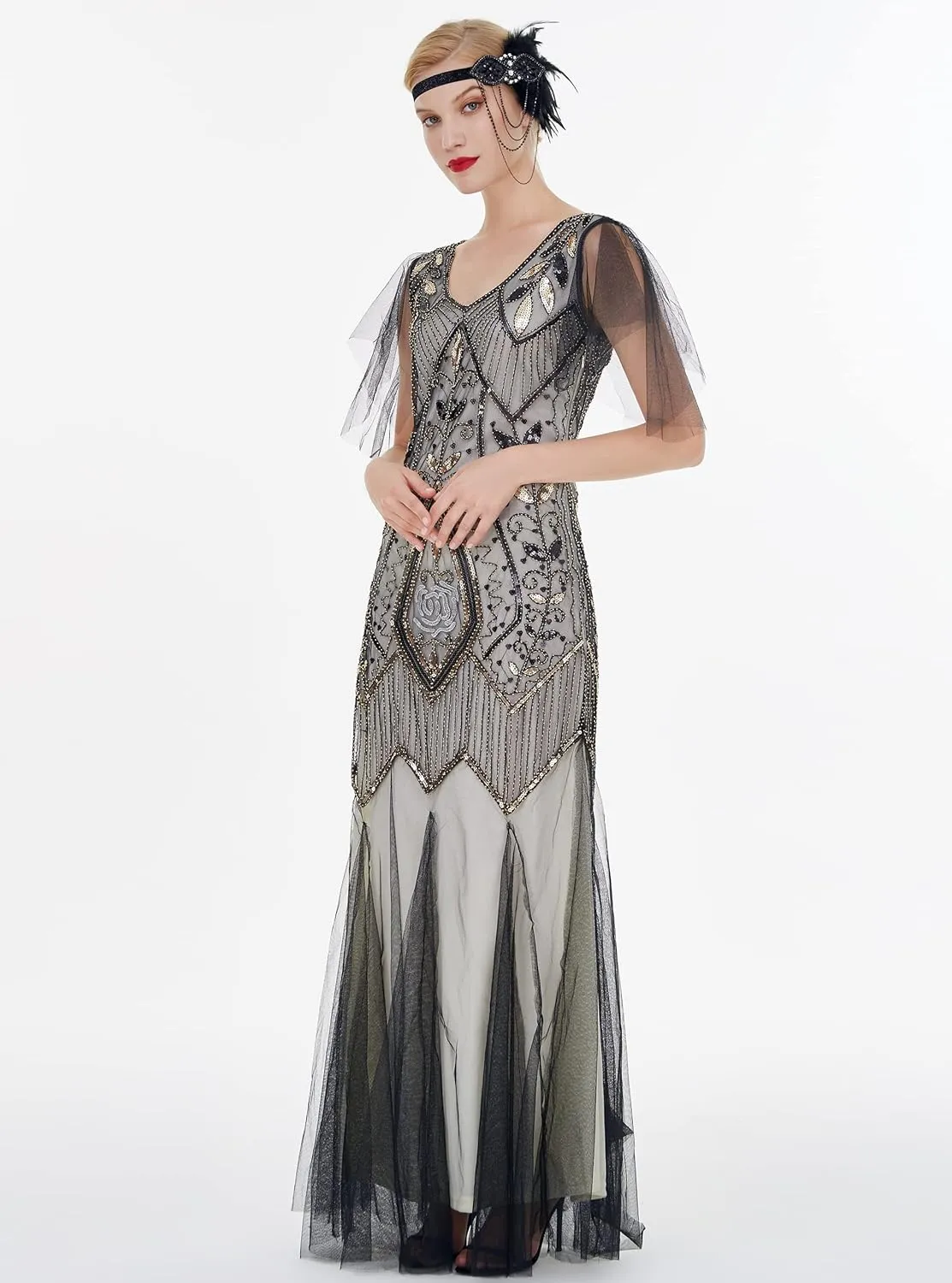FAIRY COUPLE 1920s Floor-Length V-Back Sequined Embellished Prom Evening Dress D20S004