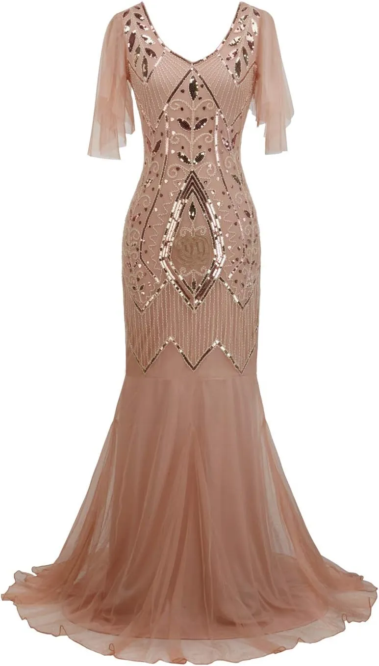 FAIRY COUPLE 1920s Floor-Length V-Back Sequined Embellished Prom Evening Dress D20S004