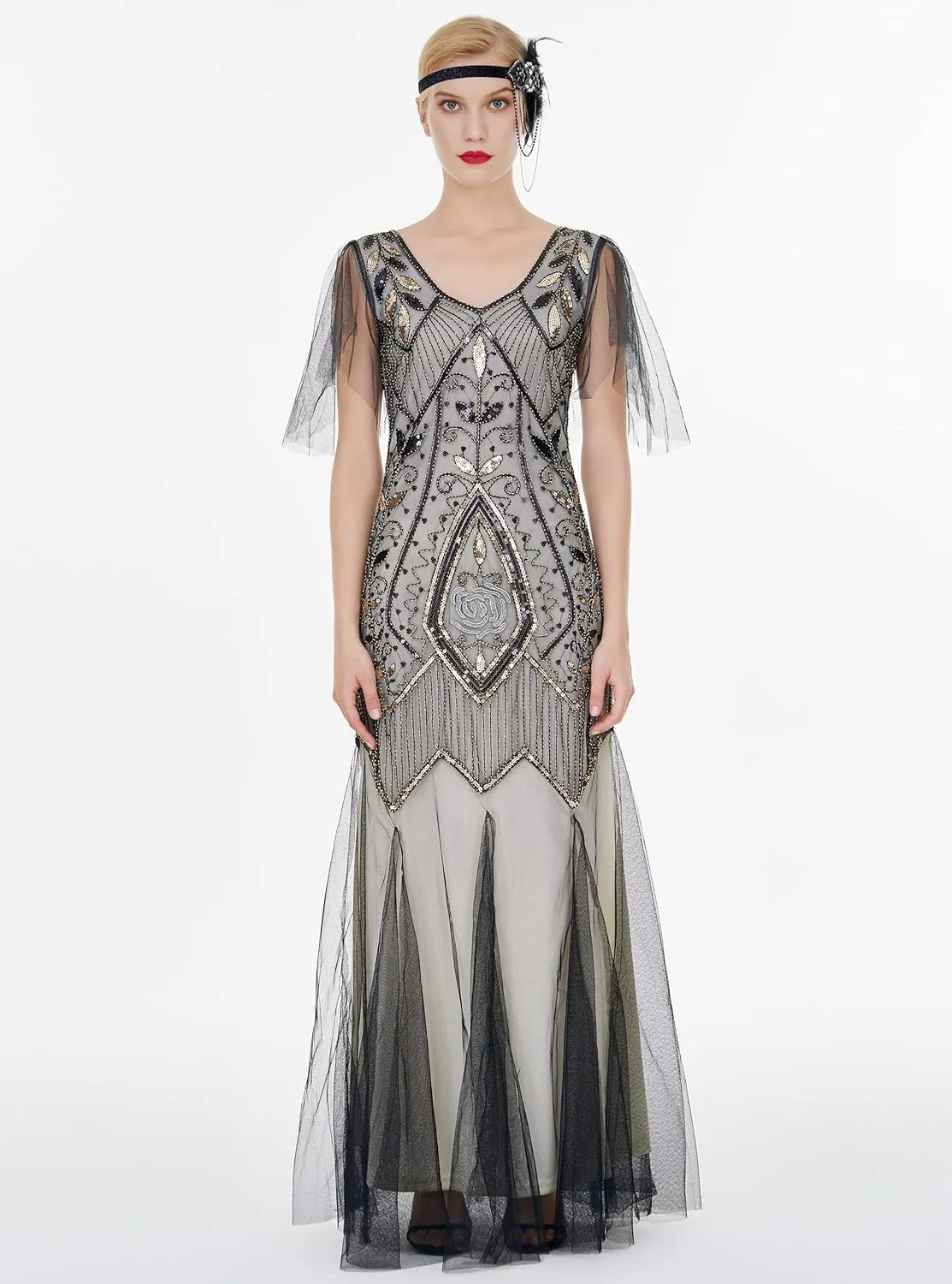FAIRY COUPLE 1920s Floor-Length V-Back Sequined Embellished Prom Evening Dress D20S004