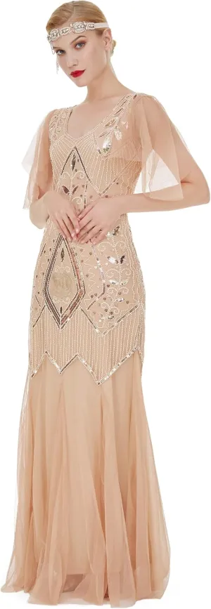 FAIRY COUPLE 1920s Floor-Length V-Back Sequined Embellished Prom Evening Dress D20S004