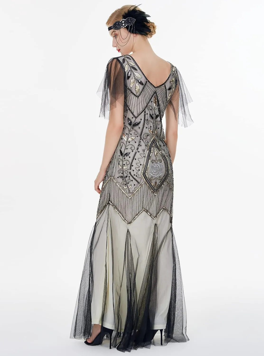 FAIRY COUPLE 1920s Floor-Length V-Back Sequined Embellished Prom Evening Dress D20S004