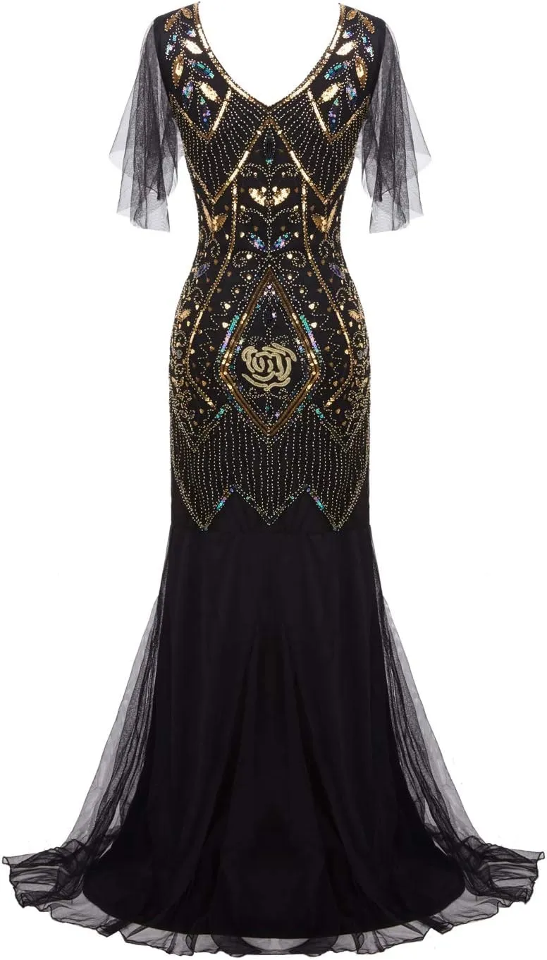 FAIRY COUPLE 1920s Floor-Length V-Back Sequined Embellished Prom Evening Dress D20S004