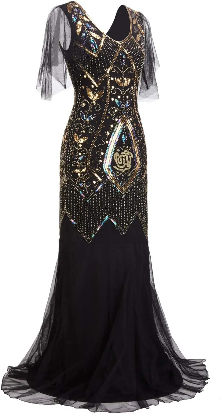FAIRY COUPLE 1920s Floor-Length V-Back Sequined Embellished Prom Evening Dress D20S004