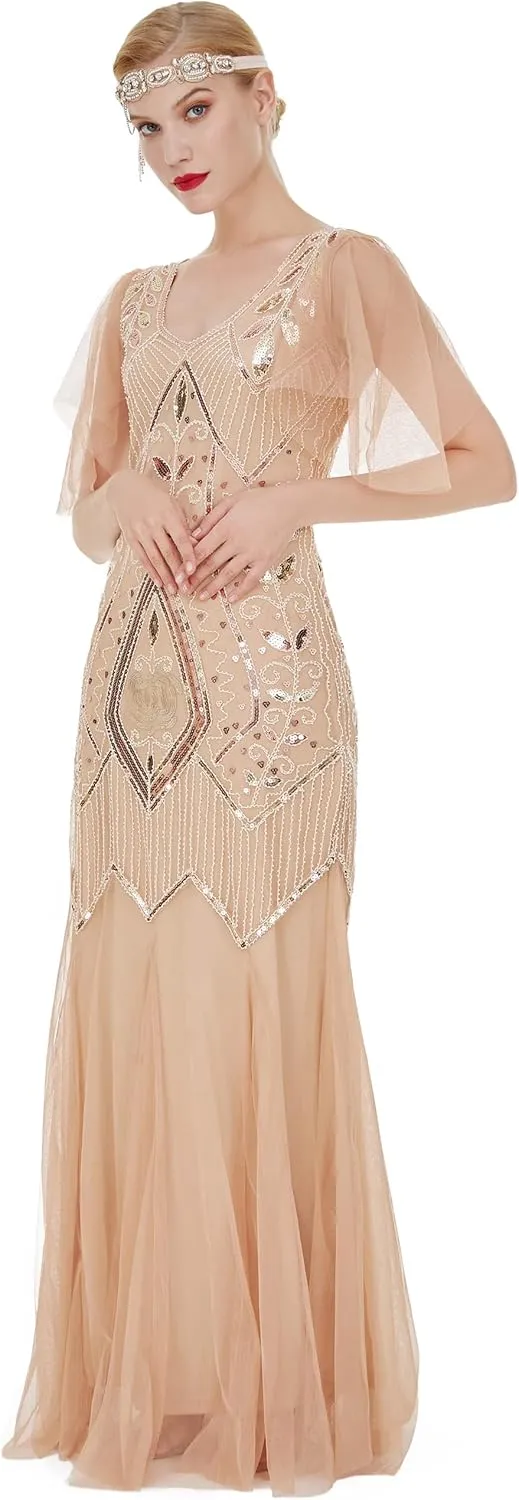 FAIRY COUPLE 1920s Floor-Length V-Back Sequined Embellished Prom Evening Dress D20S004
