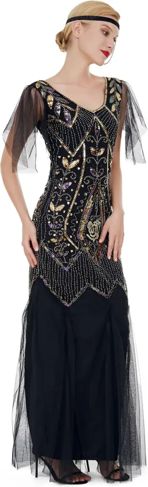 FAIRY COUPLE 1920s Floor-Length V-Back Sequined Embellished Prom Evening Dress D20S004