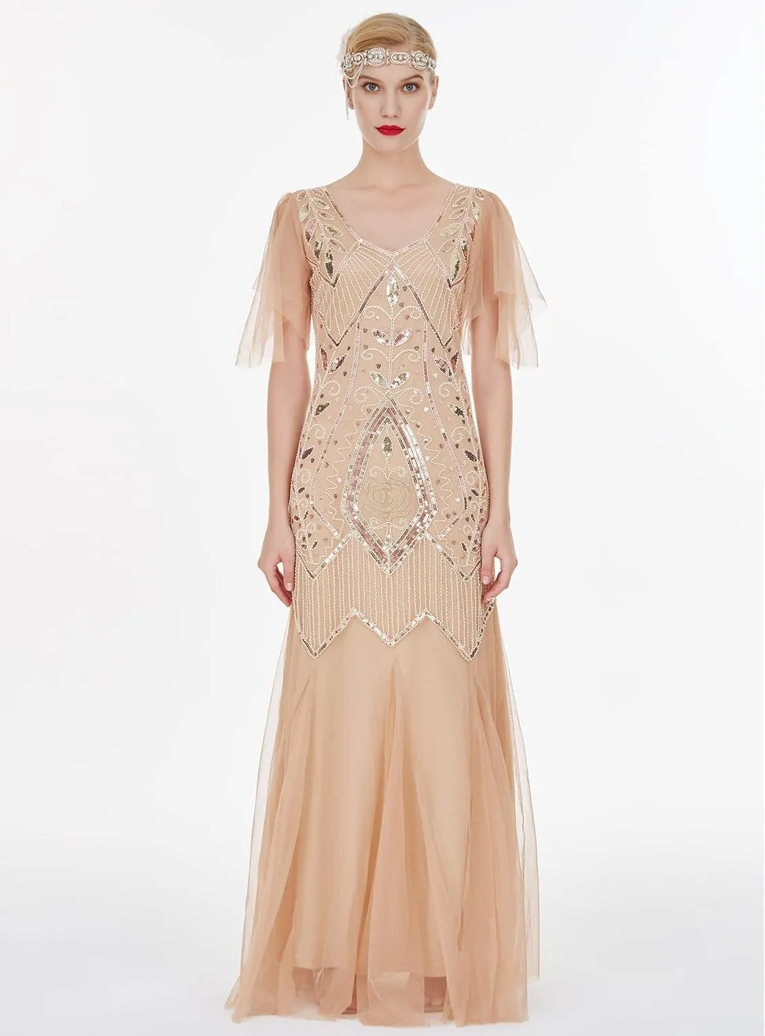 FAIRY COUPLE 1920s Floor-Length V-Back Sequined Embellished Prom Evening Dress D20S004