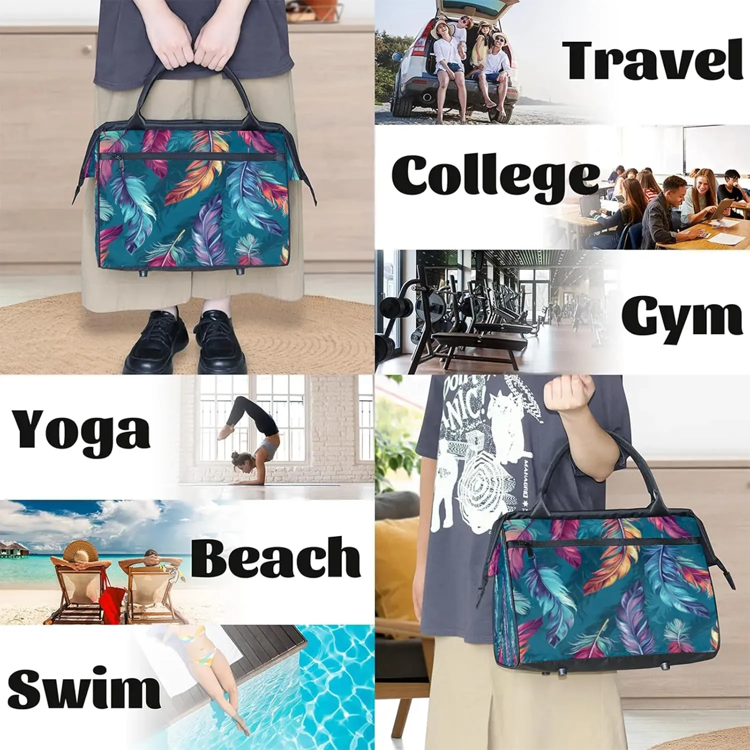 Fantasy Colorful Feather Large Travel Duffel Bag Gym Tote Bag for Women Men Waterproof Weekend Overnight Bag Carry On Tote Luggage with Pocket Personal Item Bags Sports Bag fit Travel Sports Gym Yoga
