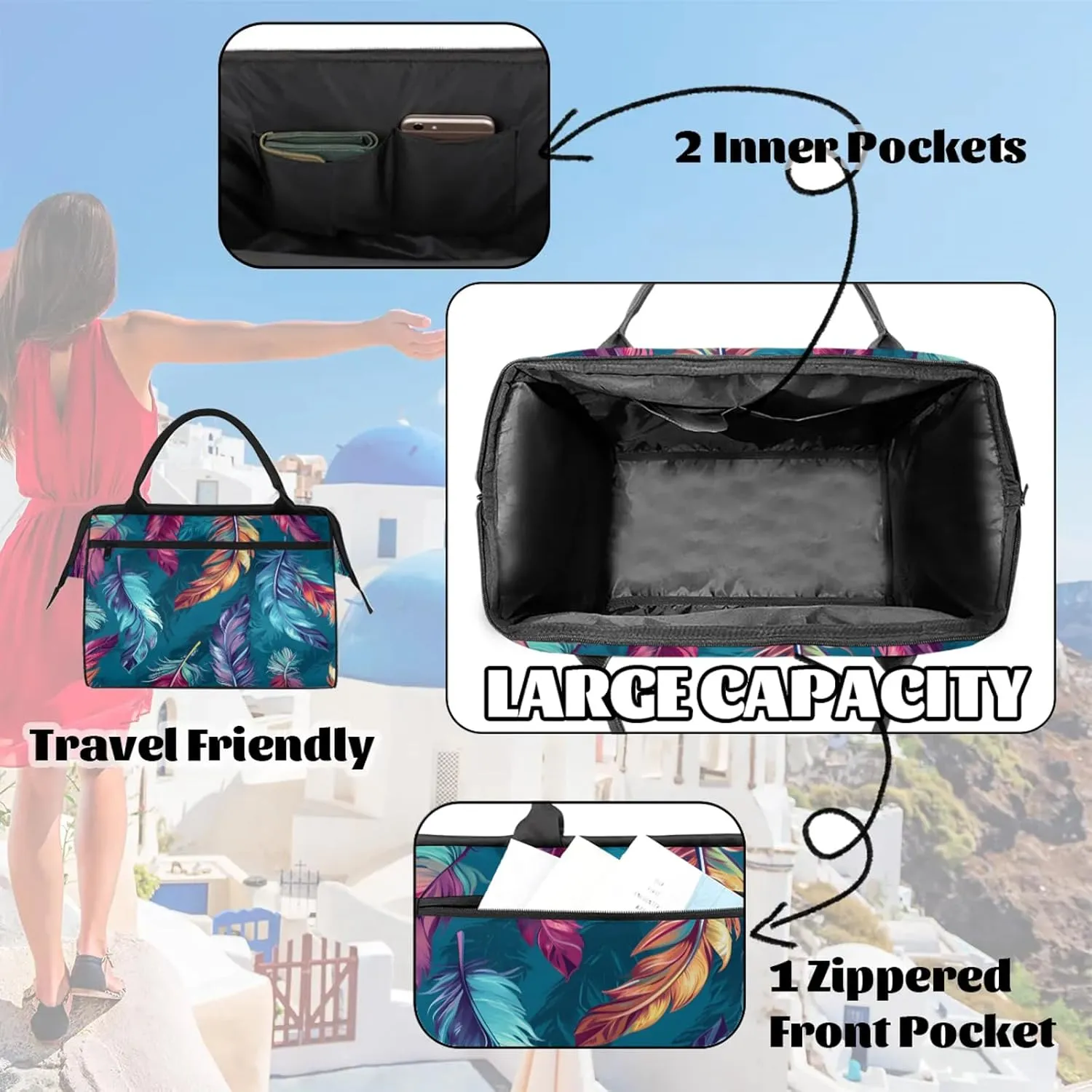 Fantasy Colorful Feather Large Travel Duffel Bag Gym Tote Bag for Women Men Waterproof Weekend Overnight Bag Carry On Tote Luggage with Pocket Personal Item Bags Sports Bag fit Travel Sports Gym Yoga