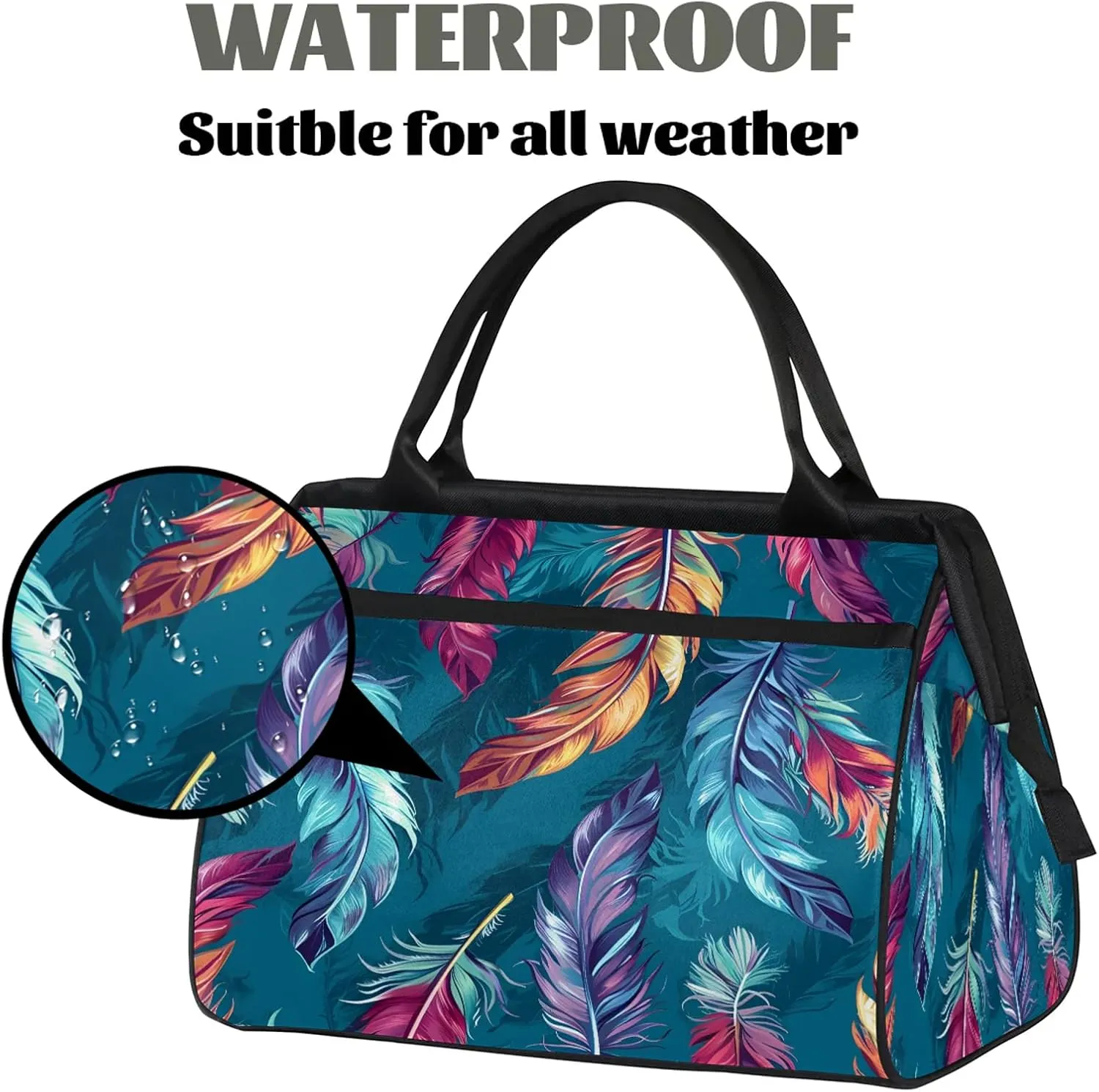 Fantasy Colorful Feather Large Travel Duffel Bag Gym Tote Bag for Women Men Waterproof Weekend Overnight Bag Carry On Tote Luggage with Pocket Personal Item Bags Sports Bag fit Travel Sports Gym Yoga