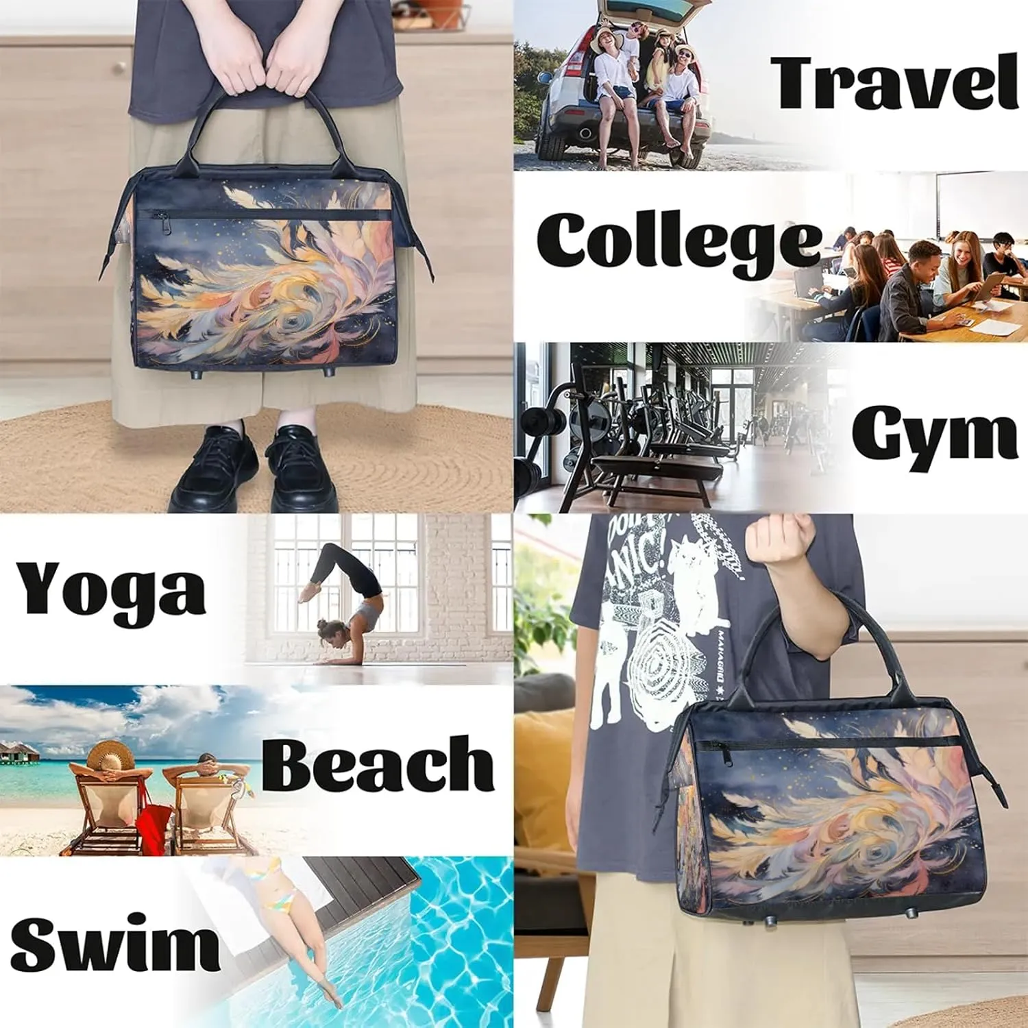 Fantasy Feather Colorful Large Travel Duffel Bag Gym Tote Bag for Women Men Waterproof Weekend Overnight Bag Carry On Tote Luggage with Pocket Personal Item Bags Sports Bag fit Travel Sports Gym Yoga