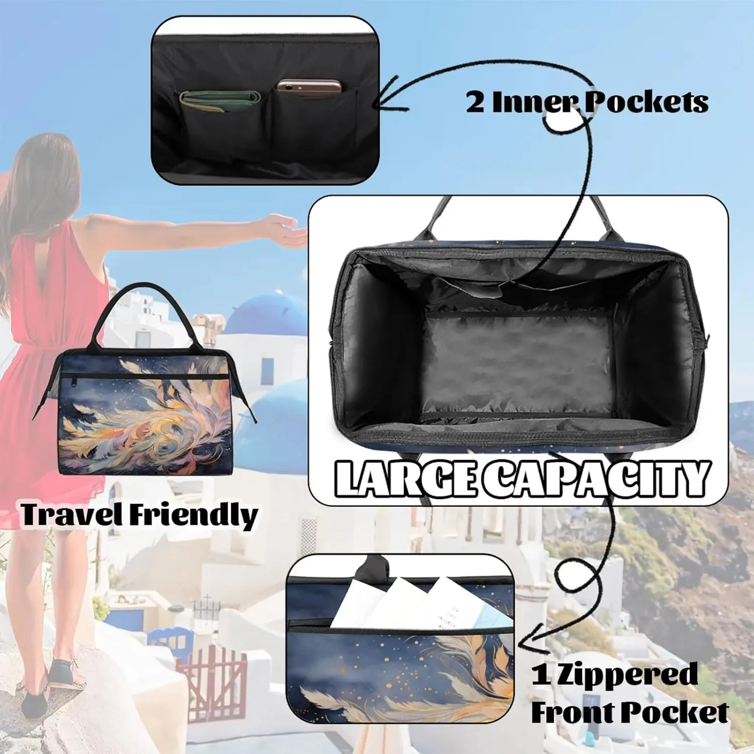 Fantasy Feather Colorful Large Travel Duffel Bag Gym Tote Bag for Women Men Waterproof Weekend Overnight Bag Carry On Tote Luggage with Pocket Personal Item Bags Sports Bag fit Travel Sports Gym Yoga
