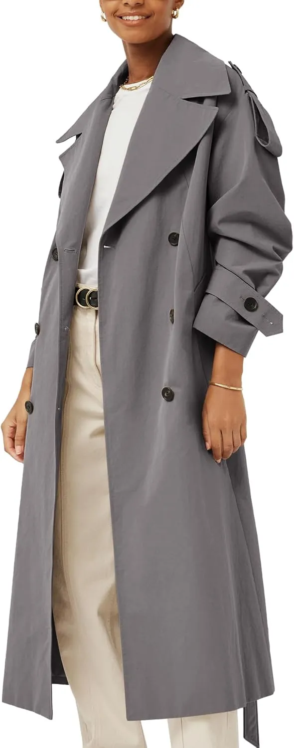 Farktop Womens Oversized Long Trench Coat Double Breasted Lapel Windproof Overcoat with Belt