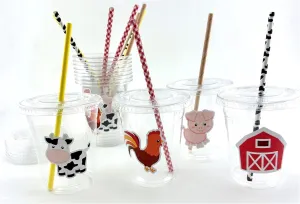 Farm Party Cups, Barnyard Birthday Supplies, Plastic Disposable Cups with Lids and Paper Straws, Set of 12