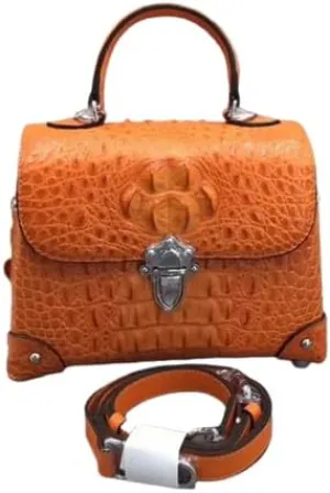 Fashion Designer Genuine Crocodile Skin Female Small Rivets Purse Studs Handbag Exotic Alligator Leather Lady Cross Shoulder Bag, Orange