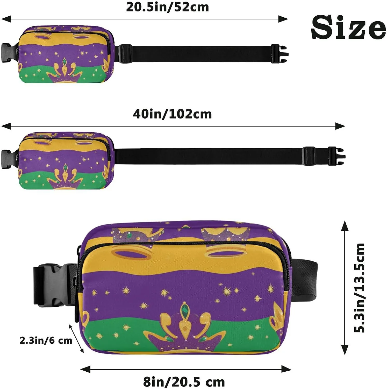 Fashion Fanny Waist Pack Mardi Gras Carnival Crowns Tie Feather Men Women Mini Sling Chest Bag with Adjustable Strap Crossbody Sport Bags for Travel Shopping Running
